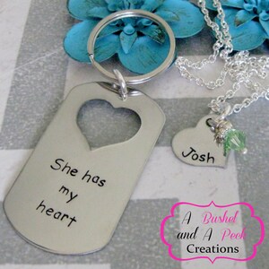 Custom Hand Stamped Heart Hole Dog Tag Key Chain with matching Heart Necklace Set