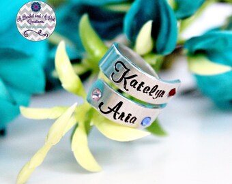 Custom Hand stamped Personalized Wrap Ring with Swarovski Birthstone Crystals Adjustable