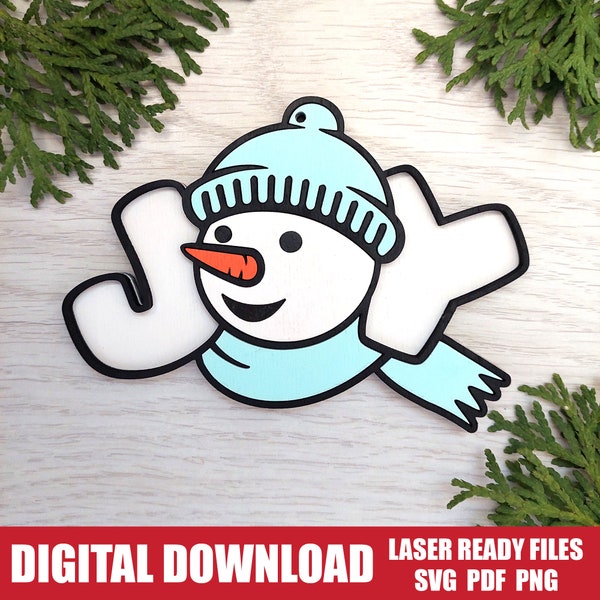 Christmas JOY Ornament SVG, Snowman Ornament Laser File, JOY Sign Svg Glowforge Cut File