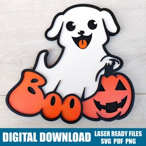 Dog ghost BOO sign SVG, Pumpkin, Jack O Lantern, Door Hanger Laser File, Halloween Dog Ghost, Pet Halloween Sign, Dog Laser Ready File