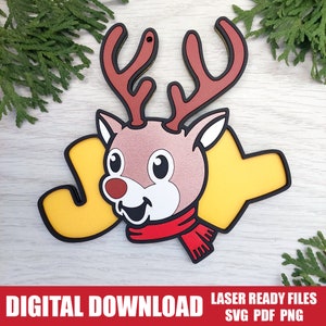 Reindeer JOY Sign Christmas Ornament SVG Laser ready file, Reindeer Ornament svg and 300 dpi PNG