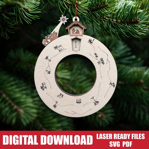 Nativity Days Until Christmas Countdown Calendar Sliding Ornament SVG, Christmas Advent Calendar Laser Cut File Digital Glowforge SVG