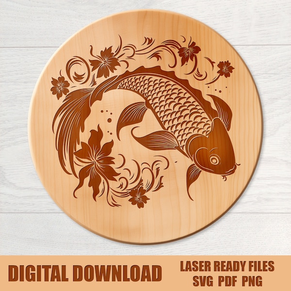 Floral Japanese Koi Fish SVG Laser Engrave File, Floral Fish Vector File and 300 dpi PNG, Floral Koi Clipart, Koi SVG