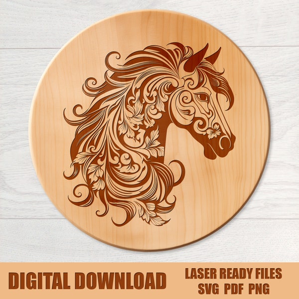 Floral Horse SVG Laser Ready Engrave File, Cute Horse Head SVG File and 300 dpi Flower Horse PNG