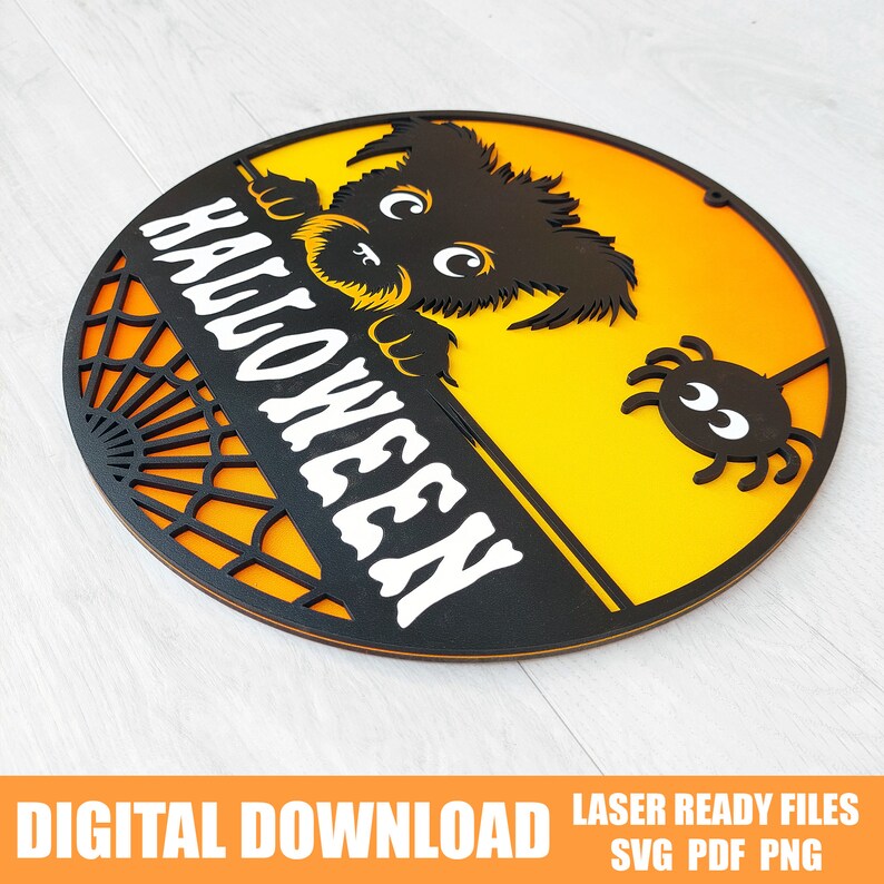 Dog Halloween Door Hanger SVG, Scared Puppy and Spider Laser Cut File
