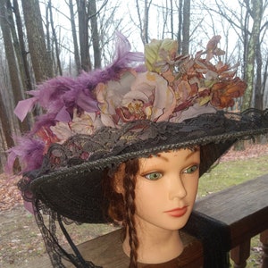 Handmade Victorian Black and Purple Hat with Feathers