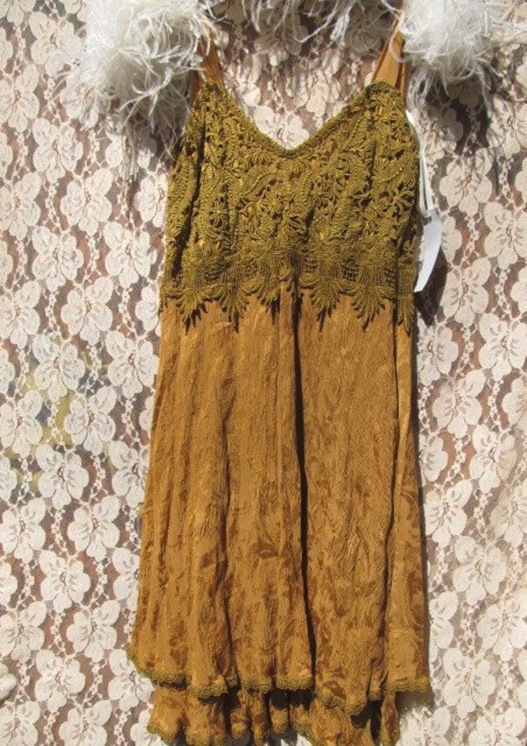 Beautiful Bronze/copper Silk Dress Trimmed With Venice Lace One of a