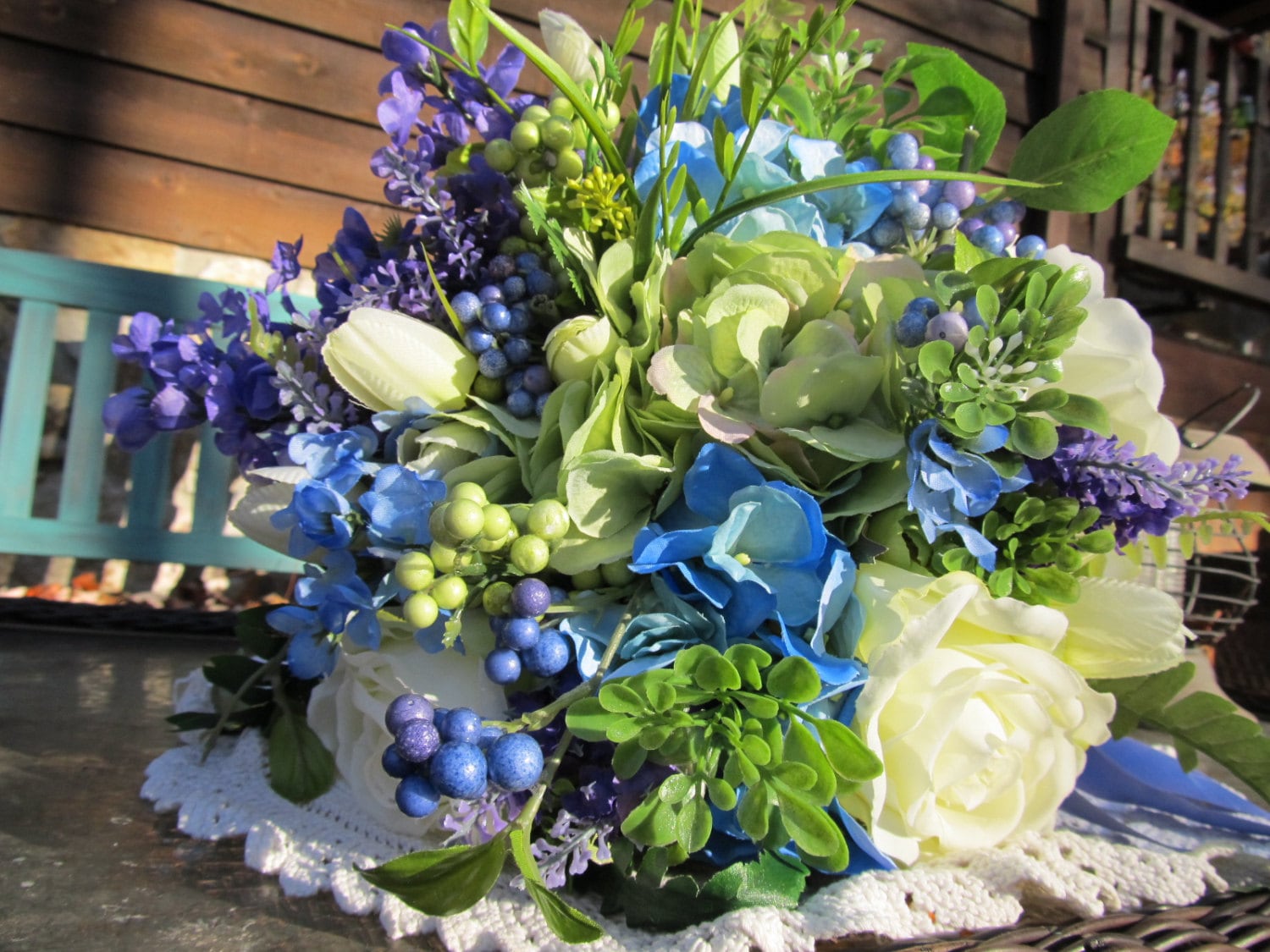 Custom Made Wildflower Silk Bridal Bouquet With Blues & Purples, and