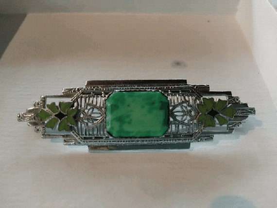 Rhodium Art Deco green natural jadeite with enamel - image 2