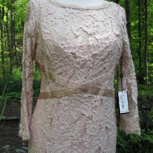 Pu&ograve; includere: Un abito in pizzo rosa cipria a maniche lunghe con una cintura di perline dorate. L'abito ha una scollatura rotonda e una silhouette aderente.