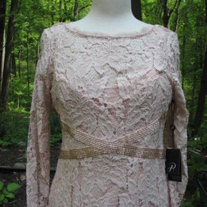 Pu&ograve; includere: Un abito in pizzo rosa cipria con una cintura di perline e maniche lunghe. L'abito ha una silhouette aderente e un delicato motivo floreale.