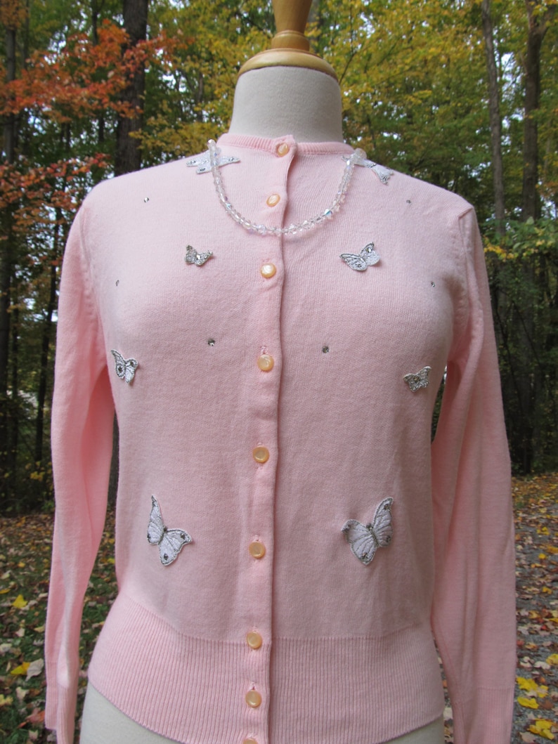 Sale Sale Vintage 1950's Pink Orlon Sweater Trimmed with Butterflies image 1