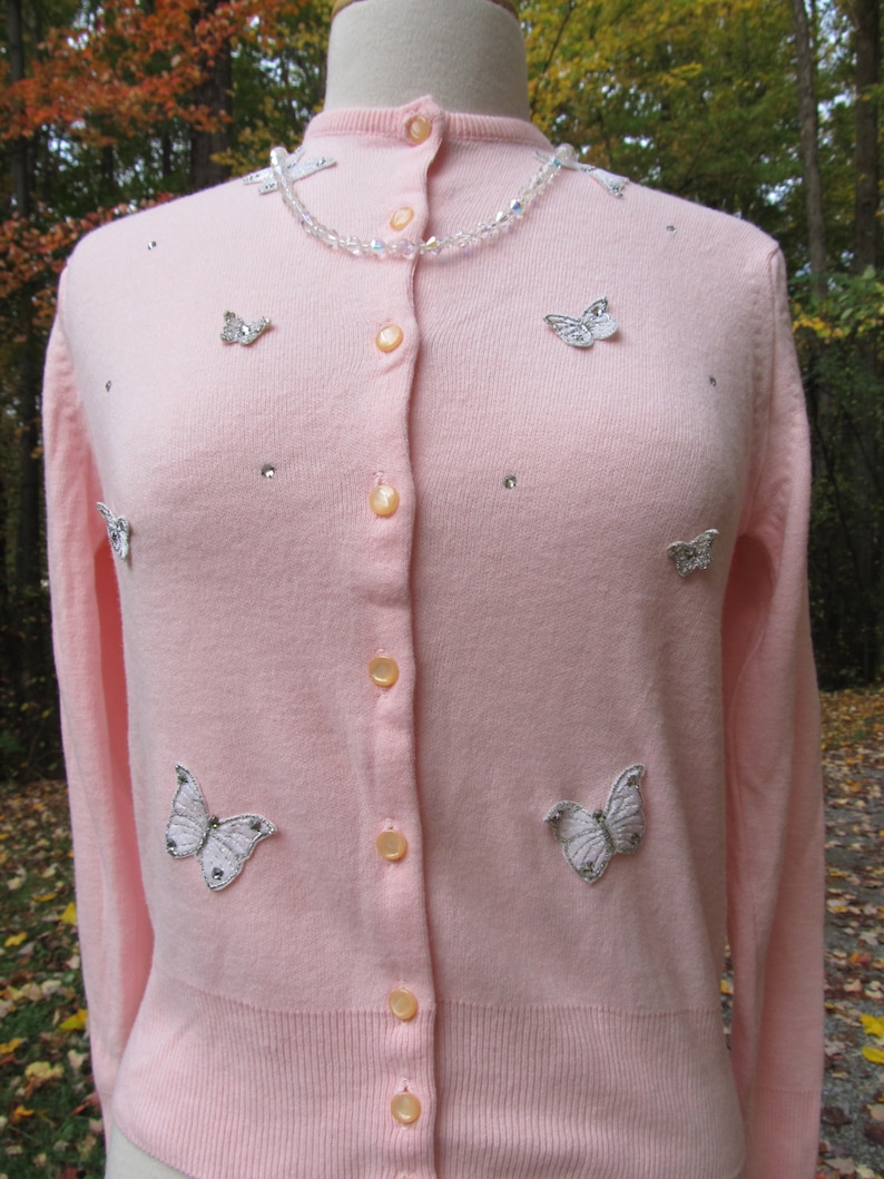 Sale Sale Vintage 1950's Pink Orlon Sweater Trimmed with Butterflies image 5