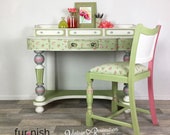 Green vintage writing desk and Chair, Green and Pink Ladies Dressing Table, up-cycled hand painted furniture, Girls decoupaged desk, Roses