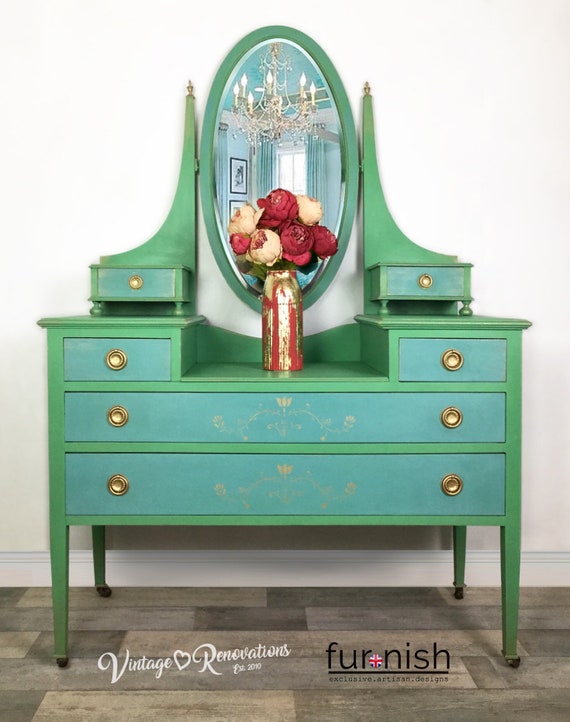 Vintage Green Blue Las Dressing Table With Mirror Gold - Bedroom Furniture Including Dressing Tables Vintage Green Blue Las Dressing Table With Mirror Gold - Bedroom Furniture Including Dressing Tables