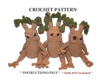 Könnte beinhalten: Häkelanleitung für drei braune und grüne Amigurumi-Mandragoras. Die Anleitung enthält nur die Anweisungen, die Puppen sind nicht enthalten. **INSTRUCTIONS ONLY** **Dolls NOT Included**