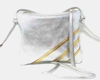 Kleine Ledertasche, Clutch Leder silber, Abendtasche, Partytasche