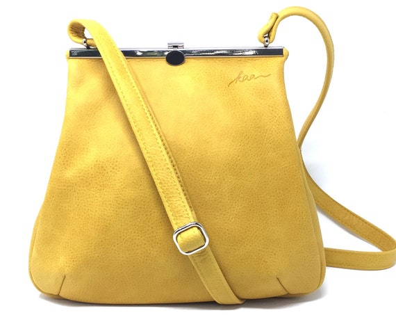 Everyday Bag, Her Leather Bag, Sling Leather Bag, Minimalist Bag Women, Leather Carryall | Yellow Leather Handbag with Retro Clip Closure