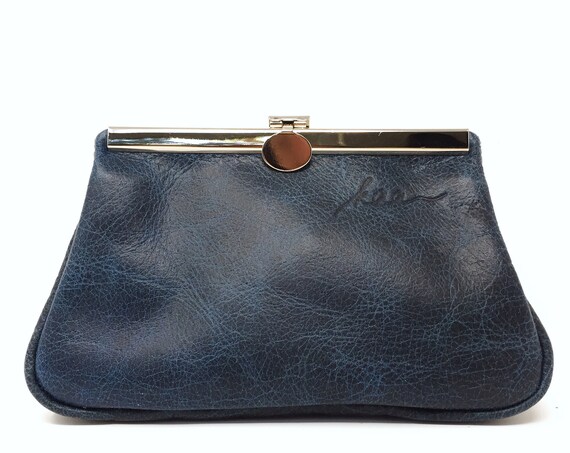 blue cosmetic bag leather,cosmetic purse,leather pouch,small leather clutch, Make up bag, clutch blue leather
