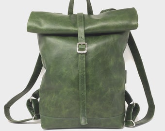 Zaino in pelle verde, zaino in pelle, zaino scorrevole, weekender