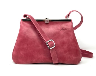 Borsa da donna in pelle rosa, borsa vintage in pelle, borsa a tracolla vera pelle, regali per donna, borsa fidanzata in pelle