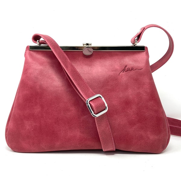 Ledertasche Damen pink, Handtasche Vintage Leder, Umhängetasche echtes Leder, Geschenke für Frauen, Tasche Leder Freundin