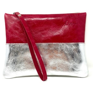 Kleine silberne Ledertasche Lederclutch pink FUCHSIA/SILBER