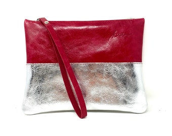 Bolso pequeño de piel plateado clutch de piel rosa