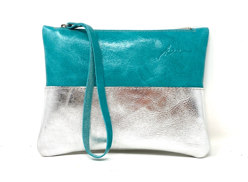 Kleine silberne Ledertasche Lederclutch pink LAGOON/SILBER