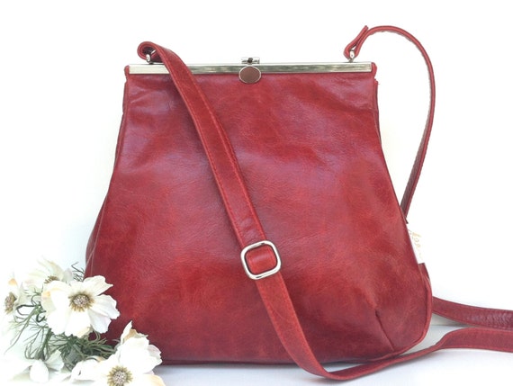 Everyday Bag, Her Leather Bag, Sling Leather Bag, Minimalist Bag Women, Leather Carryall | Red Leather Handbag with Retro Clip Closure