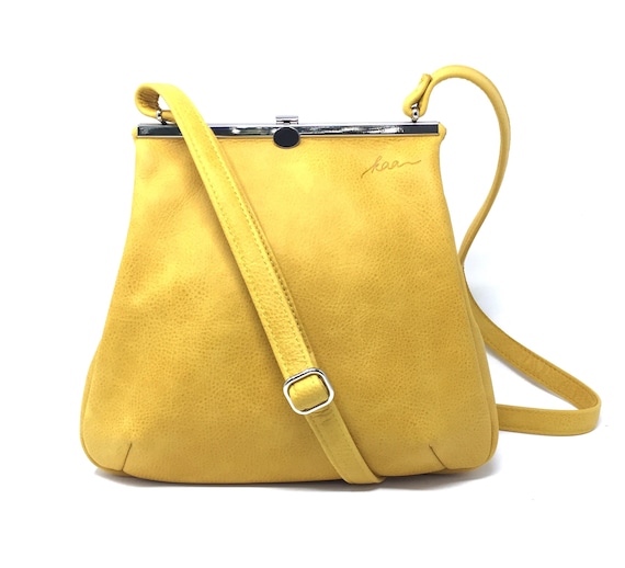 Everyday Bag, Her Leather Bag, Sling Leather Bag, Minimalist Bag Women, Leather Carryall | Yellow Leather Handbag with Retro Clip Closure