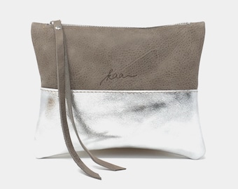 Neceser de cuero, bolso de mano de cuero gris plateado
