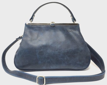 borsa in pelle blu, borsa a tracolla in pelle, borsa con chiusura a clip Klipper S+ "SAPHIR"