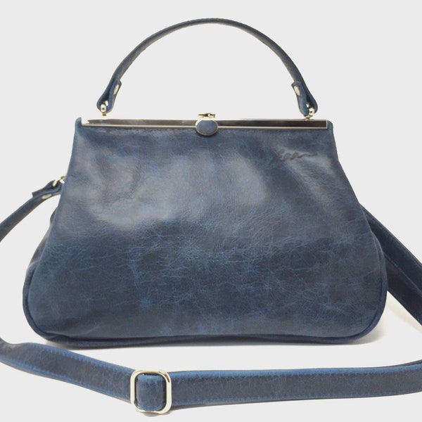 Leather bag , leather handbag , handbag, blue leather shoulder bag , bag with strap , handbag with snap,Kaa berlin, "SAPHIR"