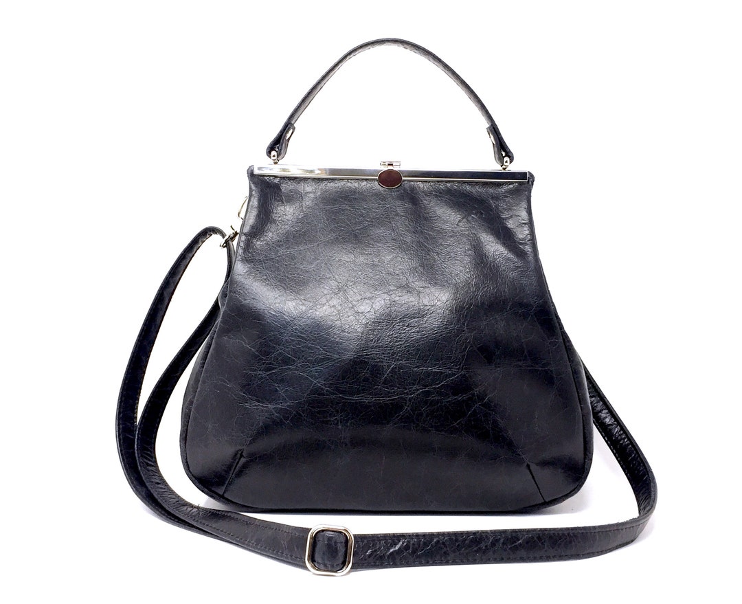 Leather Bag Black With Metal Clip Closure - Etsy Leather Bag Black With Metal Clip Closure - Etsy