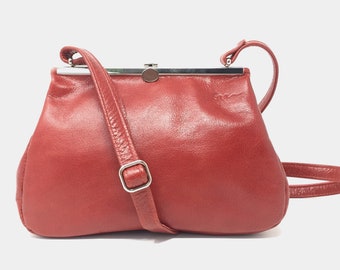 Ledertasche Damen rot mit silbernem Bügelverschluss Handtasche Leder