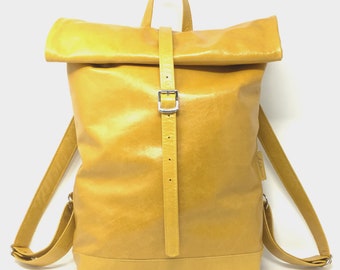 Leather backpack , rolling backpack yellow "SUN"