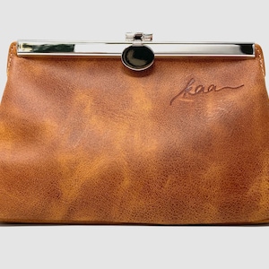 Make up Etui, Kosmetiktasche aus Leder mit silbernem Bügelverschluss, Geschenk für Frauen