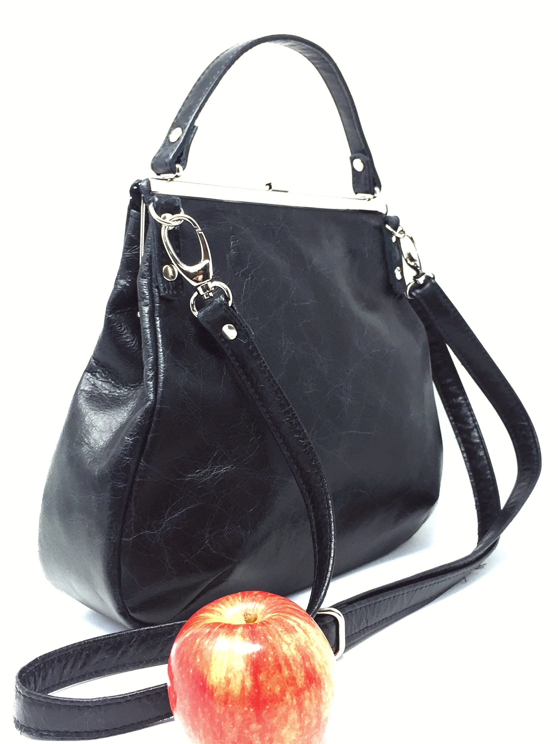Leather Bag Black With Metal Clip Closure - Etsy Leather Bag Black With Metal Clip Closure - Etsy