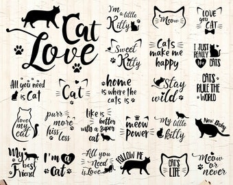 Cat silhouette English phrases 24 cat SVG Bundle Pet silhouette animal SVG Pack Jpg Eps Dxf Png Cut File for Cricut Clipart Silhouette