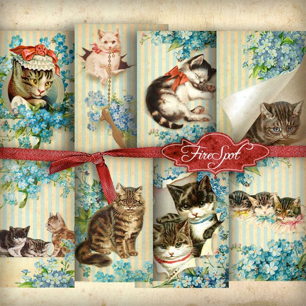 Vintage Cat Forget-me-not - Digital Collage Sheet 2.5x3.5 inches set of 8,Printable Gift tags,Downloadable images Print the stickers poster