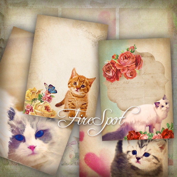 Vintage Flowers Cat.Animal-Digital Collage Sheet 2.5x3.5 Zoll Satz von 8,druckbaren Geschenk-Tags, herunterladbare Bilder Drucken Sie die Aufkleber