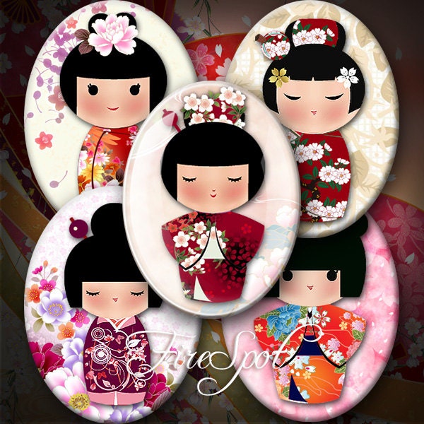 Poupées japonaises-collage numérique feuille 30x40 mm, 22x30 mm, 18X25 mm, pendentifs en verre ovale 13x18 mm, washi Kokeshi, fille, scrapbooking