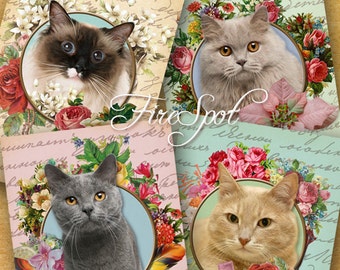 Vintage Flowers Cat,Animal-Digital Collage Sheet 2.5x3.5 inches set of 8,Printable Gift tags,tant Download.Print the stickers.Greeting Cards