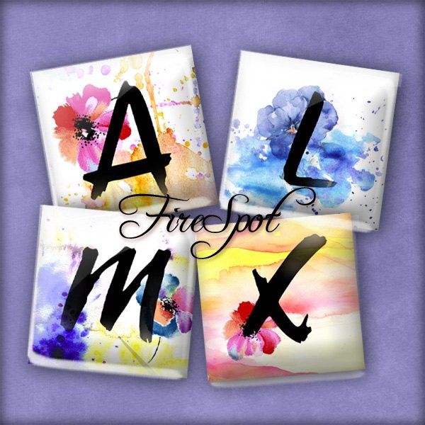 Calligraphy Watercolor Letter - Digital Collage Sheet 1.5inch,1 inch,25 mm,20 mm Square Glass Pendants, Bottlecaps,Scrapbooking