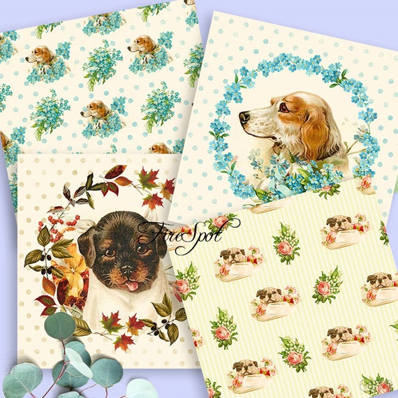 Download Vintage Flowers Dog Puppy Animal Paper Pack Digital Collage Etsy