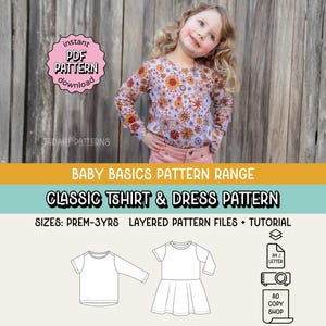Puede incluir: Una niña con una camisa de manga larga con estampado floral y pantalones rosas. La imagen es un anuncio de una gama de patrones básicos para bebés, que incluye un patrón de camiseta y vestido clásicos. Tallas: prematuro a 3 años.