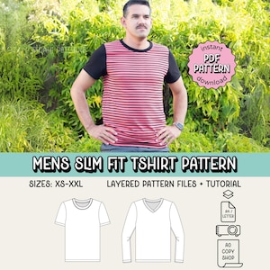 Men's Slim Fit Tee PDF Sewing Pattern ~ Adult Unisex Tshirt ~ Sizes XS-2XL