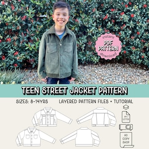 Patrón de costura en PDF para chaqueta vaquera unisex para adolescentes (tallas 8-14 años)