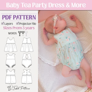 Baby Tea Party Dress PDF Sewing Pattern ~ Girls Playsuit and Romper ~ Sizes Premmie - 3yrs